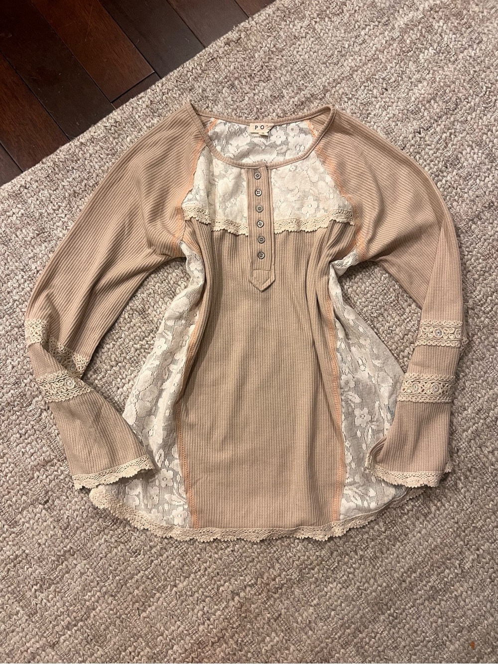 POL Lace-Trim Ribbed Henley Long Sleeve Top - Beige